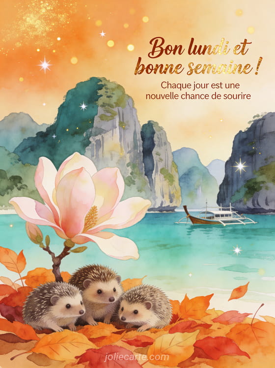 Lagon d'El Nido aux Philippines en automne avec famille de hérissons au pied d'un magnolia en fleur et le texte Bon lundi et bonne semaine