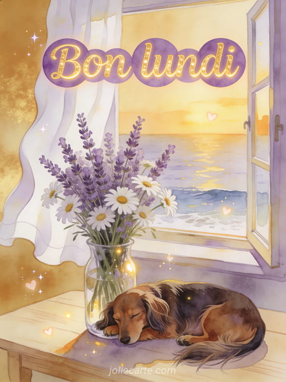 Teckel à poil long endormi au pied d'un vase de lavande et marguerites sur une table en bois clair devant une fenêtre ouverte sur la mer avec le texte Bon lundi