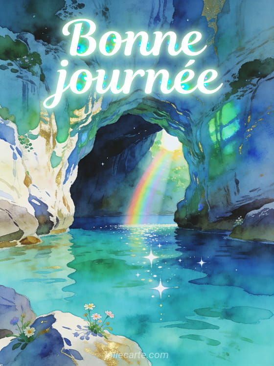 Grotte Bleue de Capri avec eau turquoise lumineuse et arc-en-ciel subtil à l'entrée, fleurs sauvages sur les rochers avec le texte Bonne journée