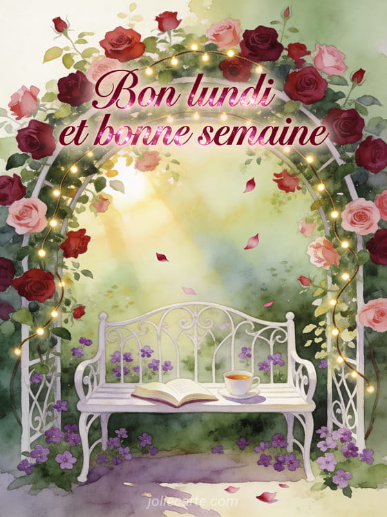 Banc de jardin en fer forgé blanc sous une arche de roses rouges et roses avec un livre ouvert et une tasse de thé, pétales volant dans l'air avec le texte Bon lundi et bonne semaine