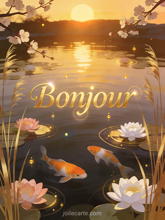 Bassin zen au coucher du soleil avec carpes koï orange et blanches, nénuphars en fleur et le texte Bonjour en lettres dorées
