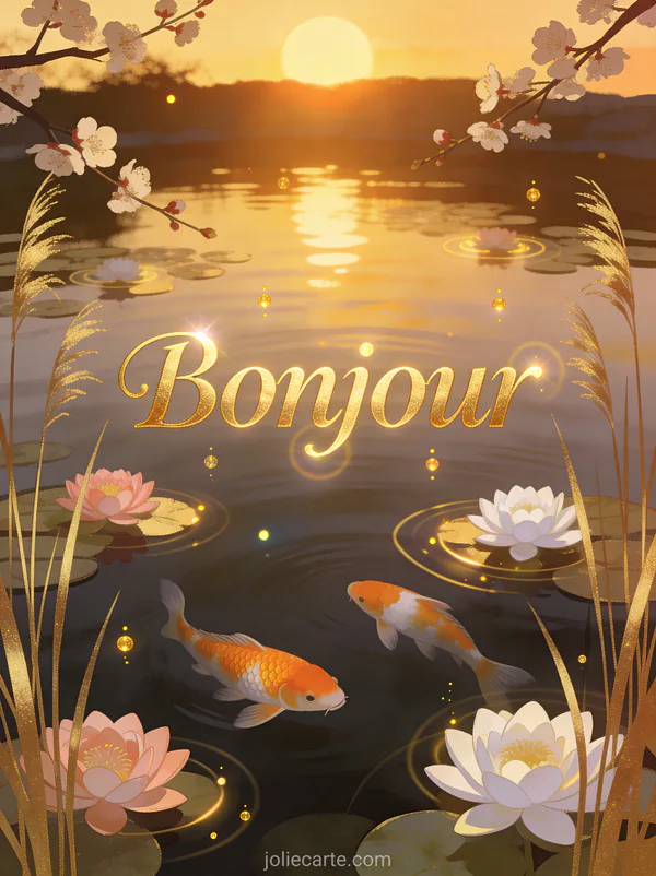 Bassin zen au coucher du soleil avec carpes koï orange et blanches, nénuphars en fleur et le texte Bonjour en lettres dorées