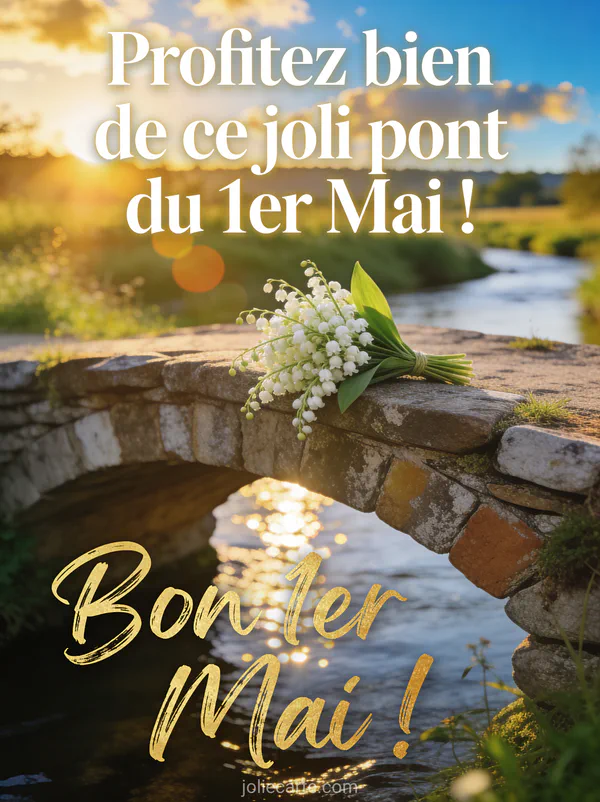 Petit pont en pierre au-dessus d'une rivière en campagne avec bouquet de muguet posé sur le rebord et texte Profitez bien de ce joli pont du 1er Mai