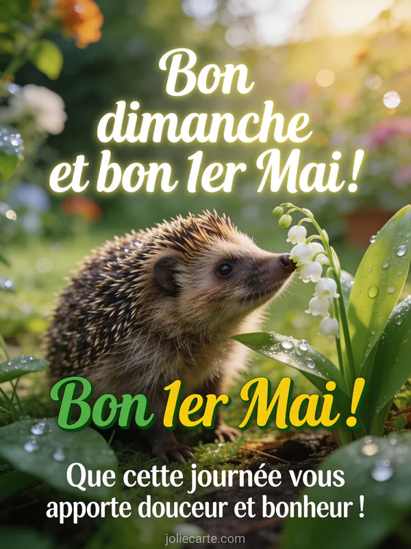 Hérisson dans un jardin reniflant un brin de muguet avec rosée du matin sur les feuilles et texte Bon dimanche et bon 1er Mai