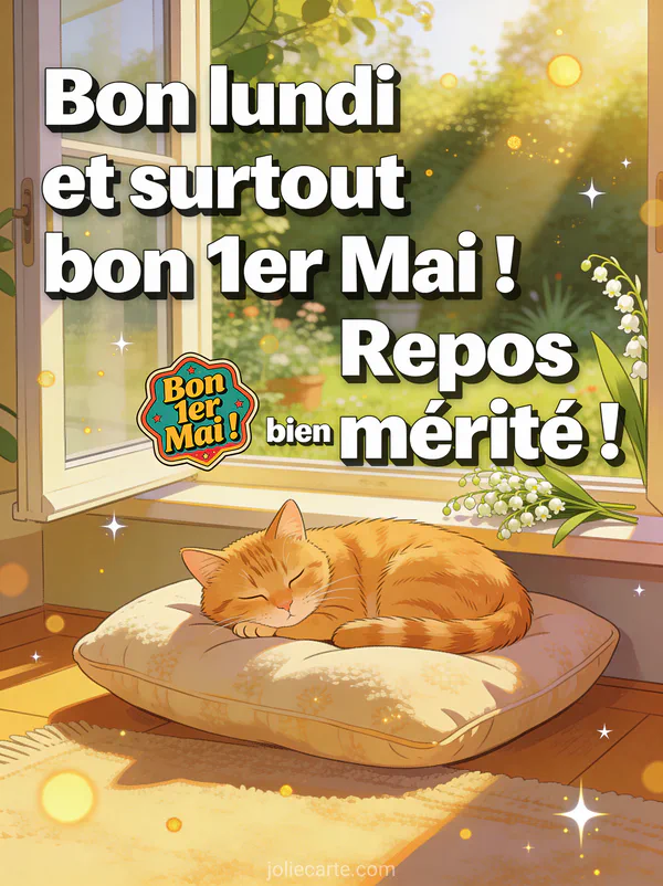 Chat roux endormi sur un coussin près d'une fenêtre ouverte sur un jardin avec brins de muguet sur le rebord en illustration