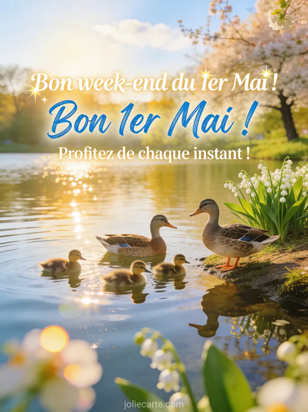 Famille de canards avec leurs poussins au bord d'un lac avec muguet sur la rive et arbres en fleurs sous une lumière dorée