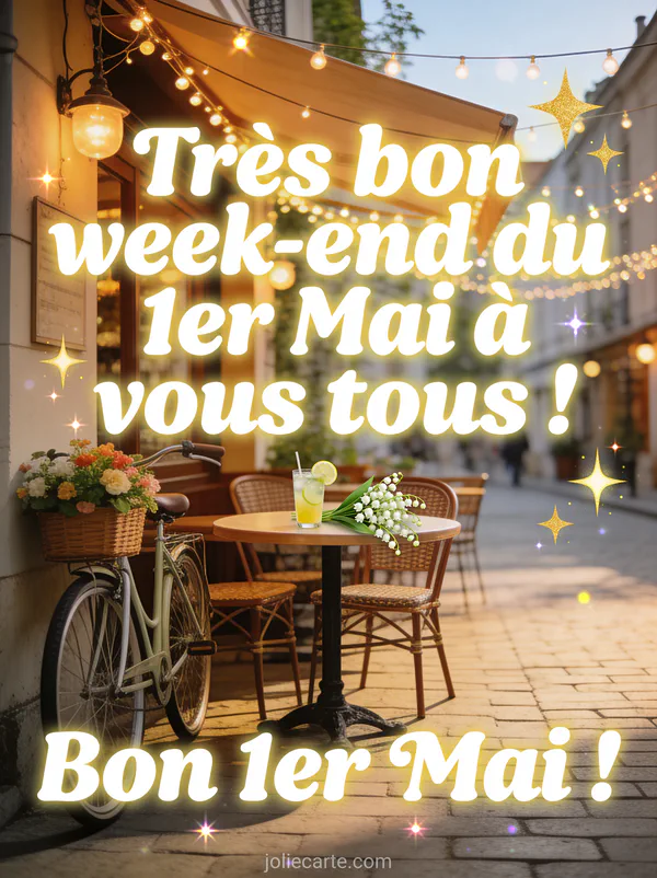 Terrasse de café avec guirlandes lumineuses, limonade et bouquet de muguet sur une table, vélo avec panier de fleurs en illustration