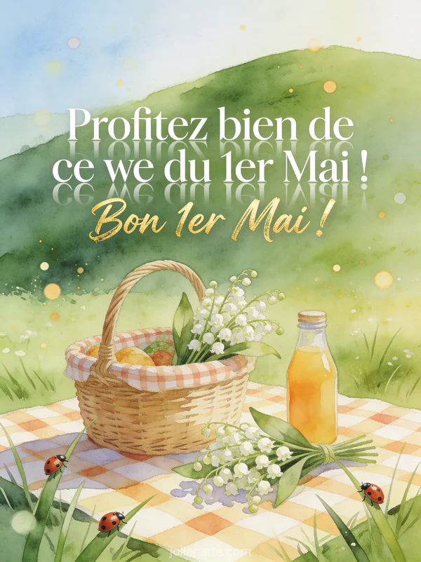 Pique-nique dans un pré avec nappe à carreaux, panier garni et bouquet de muguet avec coccinelles sur les brins en style aquarelle
