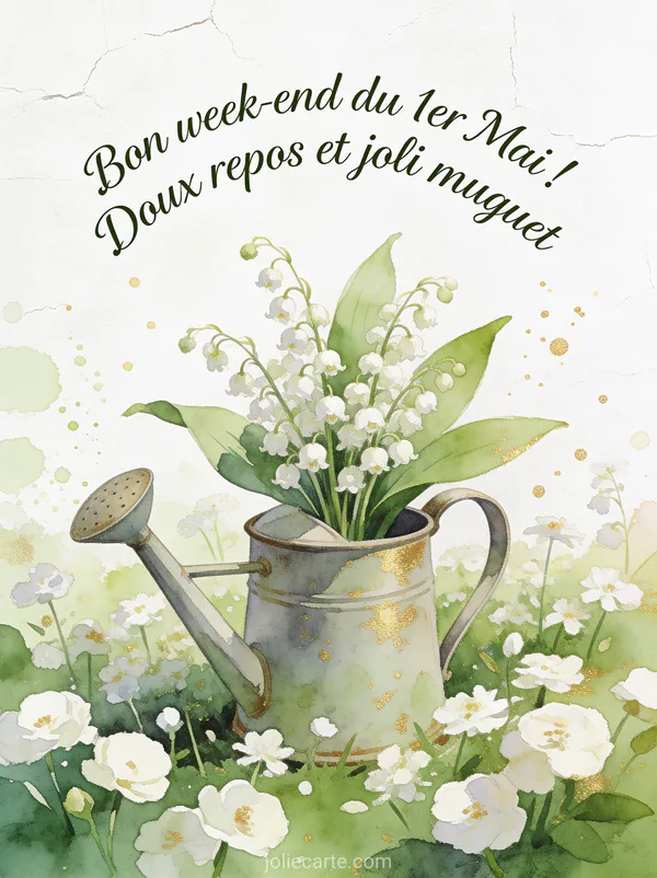 Illustration aquarelle d un arrosoir vintage avec muguet dans un jardin fleuri, taches vert tendre et blanc avec touches dorées