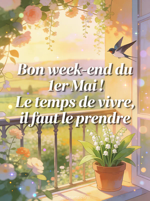 Illustration d un balcon fleuri avec vue sur la campagne, muguet en pot, hirondelle et lumière dorée de fin d après-midi