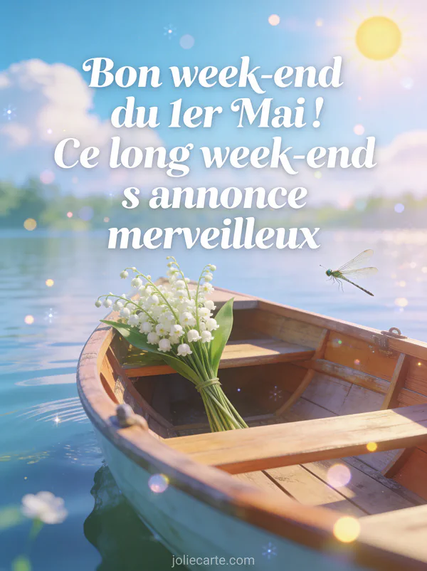 Illustration d une barque en bois sur un lac calme avec un bouquet de muguet, libellule, ciel bleu et soleil radieux