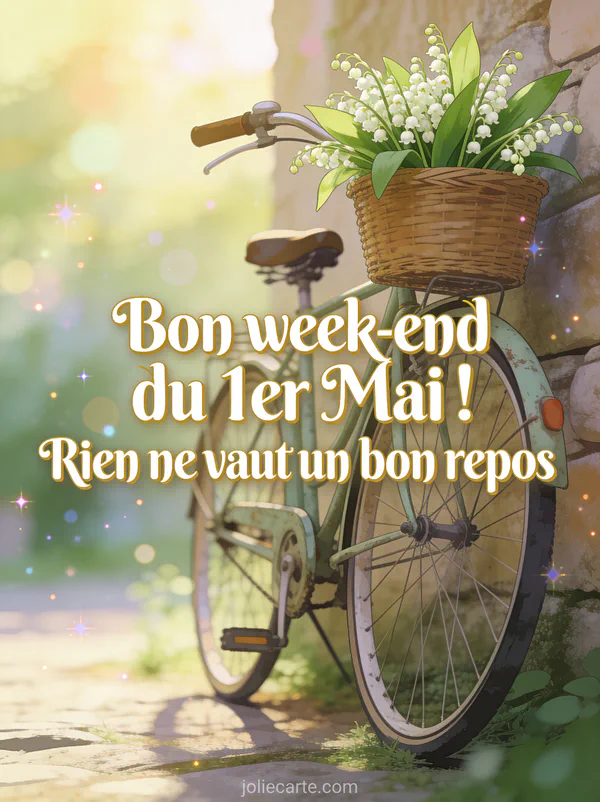 Illustration d un vieux vélo avec panier rempli de muguet adossé à un mur de pierre, lumière chaude du matin