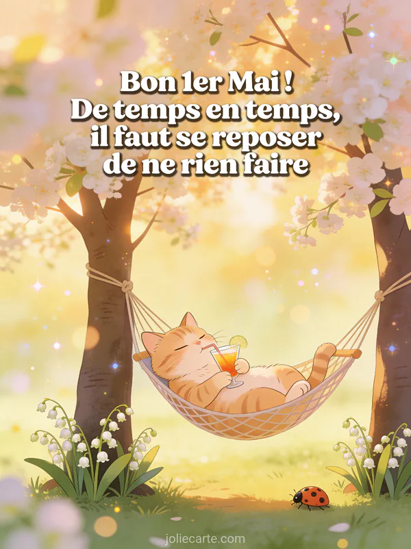Illustration d un chat endormi dans un hamac entre deux arbres en fleurs avec un cocktail, brins de muguet et coccinelle