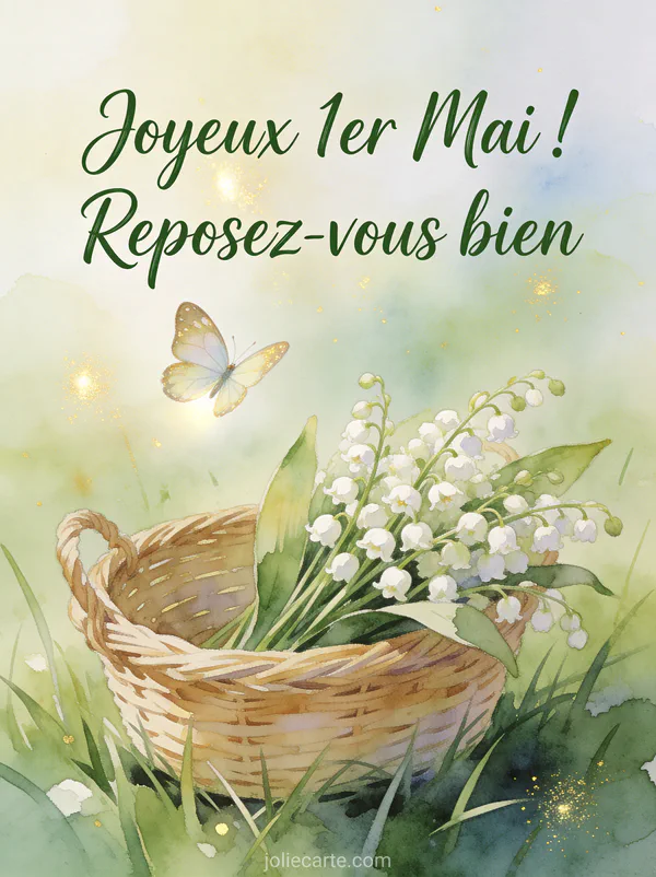 Illustration aquarelle d un panier en osier rempli de brins de muguet posé dans l herbe avec un papillon et des touches de lumière dorée