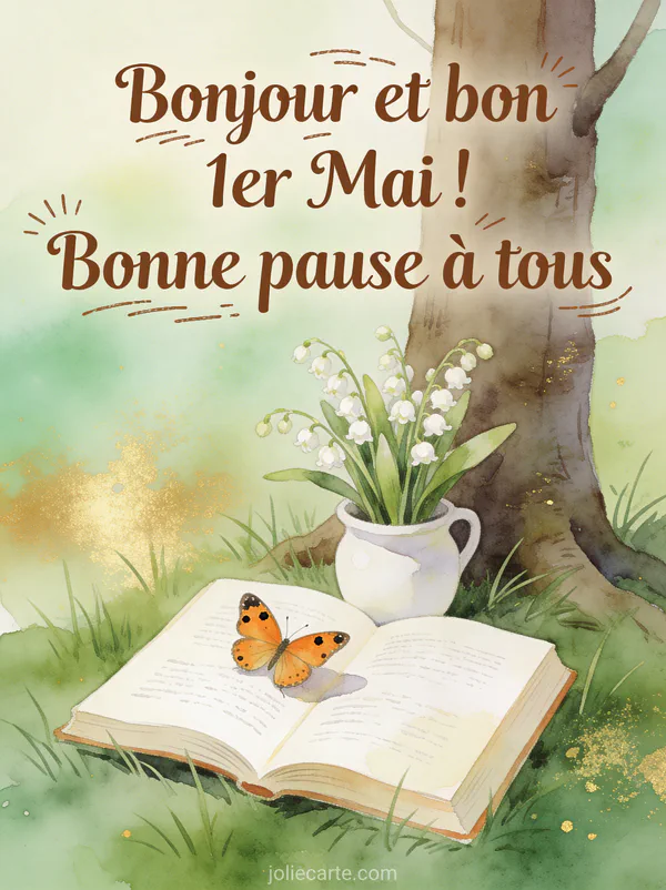 Illustration aquarelle d un livre ouvert dans l herbe au pied d un arbre avec brins de muguet dans un pot et papillon