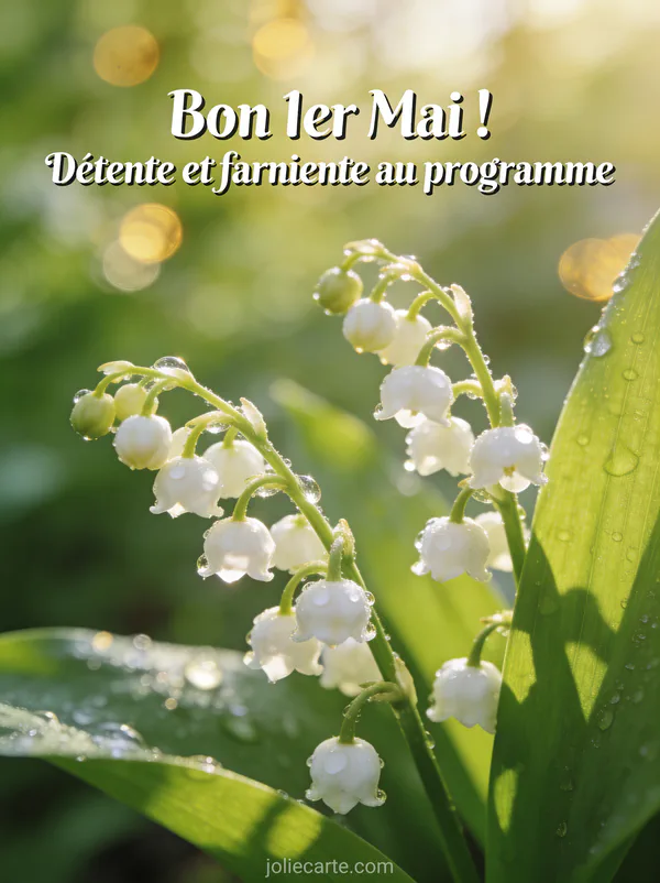 Photo réaliste d un gros plan de brins de muguet avec gouttes de rosée, arrière-plan bokeh vert et doré