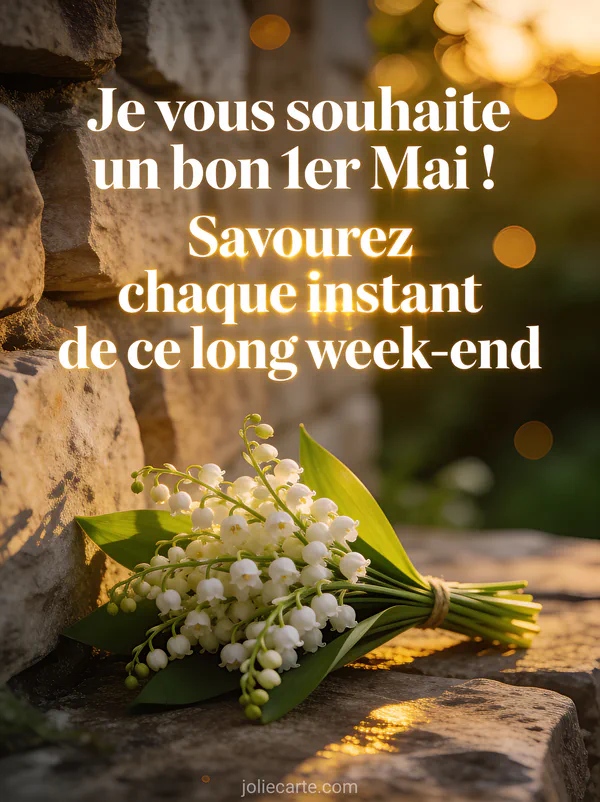 Photo réaliste d un bouquet de muguet posé sur un muret en pierre avec lumière chaude du soir et bokeh doré