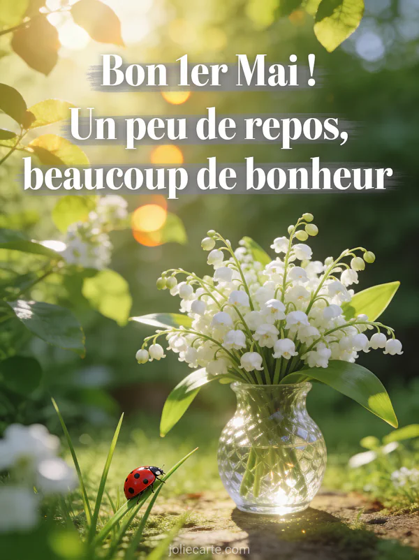 Photo réaliste d un jardin ensoleillé avec un gros bouquet de muguet dans un vase en verre, coccinelle sur un brin et lumière à travers les feuillages
