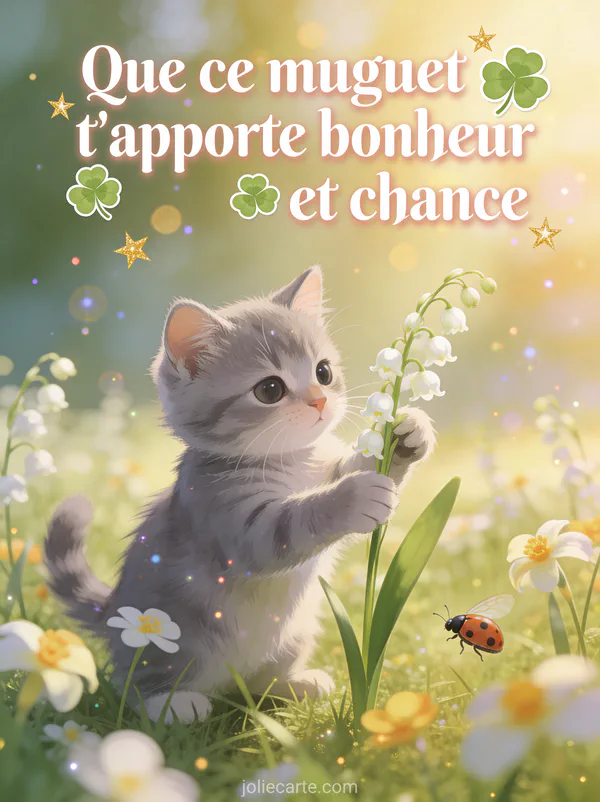 Illustration d'un chaton gris jouant avec un brin de muguet dans un pré fleuri avec coccinelle et lumière dorée