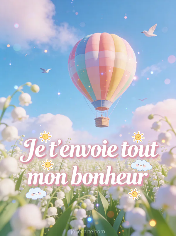 Illustration d'une montgolfière colorée survolant un champ de muguet sous un ciel bleu avec nuages et oiseaux