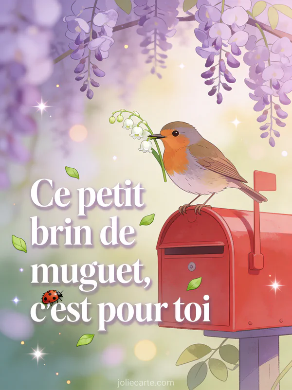 Illustration d'un rouge-gorge tenant un brin de muguet dans son bec posé sur une boîte aux lettres rouge avec glycine