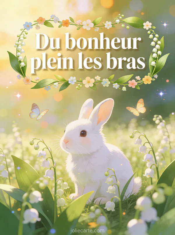 Illustration d'un petit lapin blanc dans un champ de muguet avec papillons et lumière de golden hour