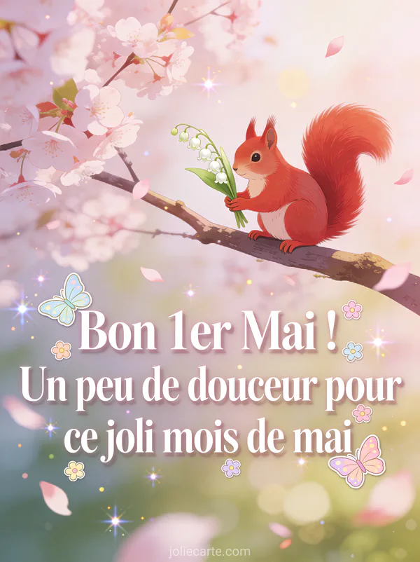 Illustration d'un écureuil roux sur une branche tenant un brin de muguet avec un cerisier en fleurs et pétales au vent