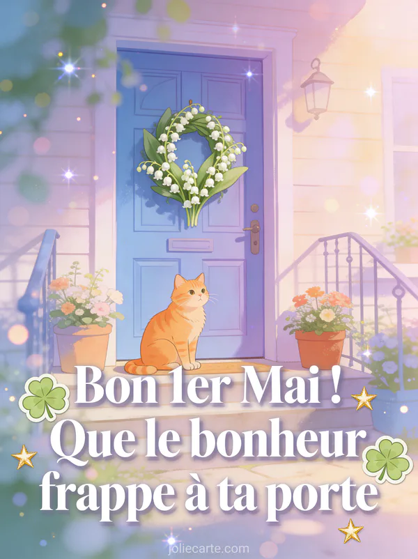 Illustration d'une porte d'entrée bleu lavande avec couronne de muguet, pots de fleurs et chat roux assis sur le seuil