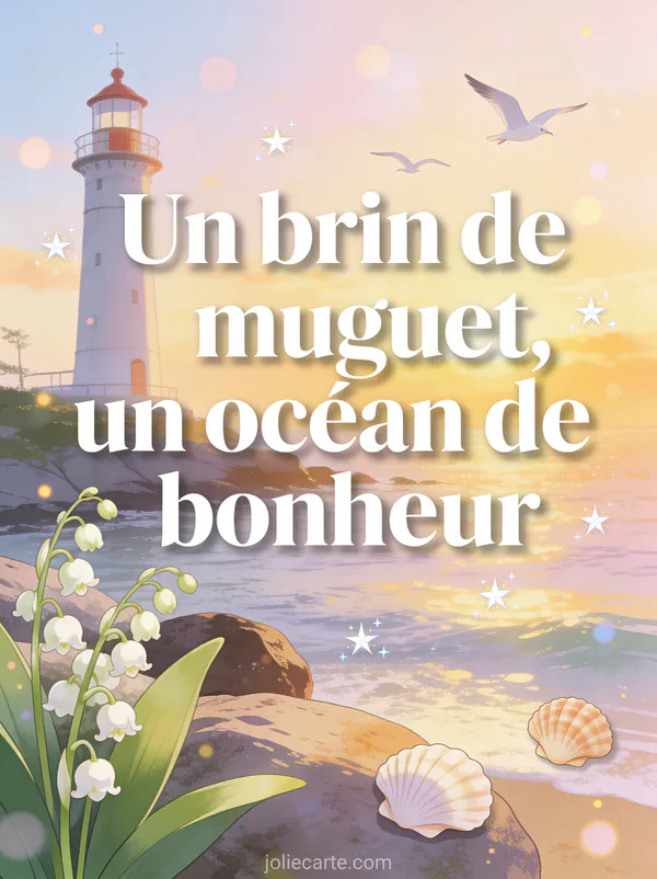 Illustration d'un phare au bord de la mer avec muguet poussant sur les rochers, mouettes et ciel doré de coucher de soleil