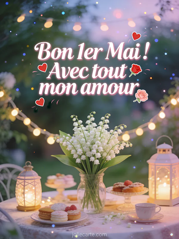 Illustration d'une table de jardin dressée pour un goûter avec bouquet de muguet au centre, guirlandes lumineuses et lanternes