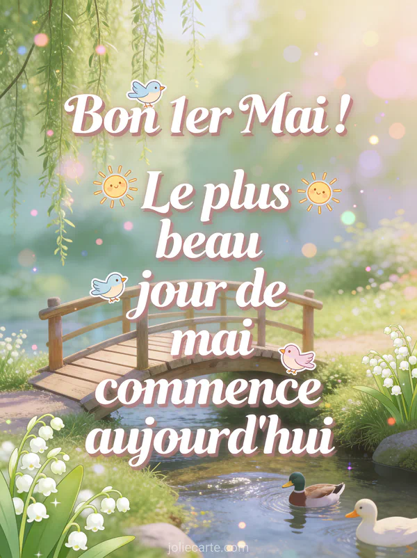 Illustration d'un petit pont en bois au-dessus d'un ruisseau avec muguet sur les berges, canards et saule pleureur