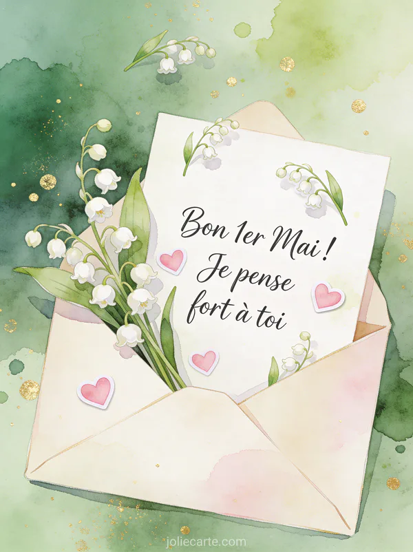 Illustration aquarelle d'une enveloppe ouverte avec des brins de muguet qui en sortent, taches d'aquarelle vert et doré