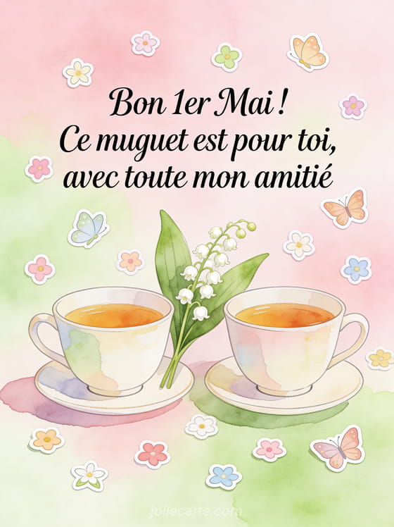 Illustration aquarelle de deux tasses de thé avec un brin de muguet entre les deux sur fond pastel rose et vert