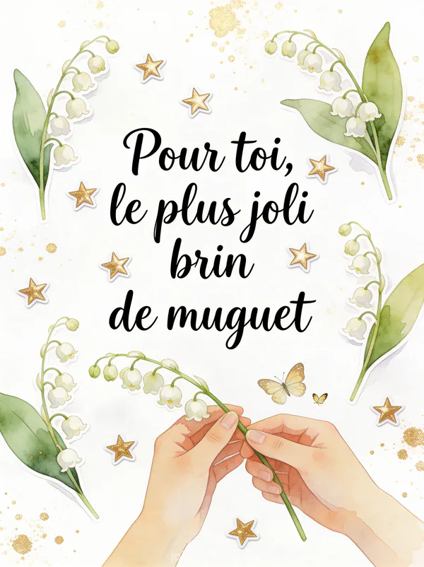 Illustration aquarelle de mains tenant un brin de muguet tendu vers l'avant avec papillons et éclaboussures dorées