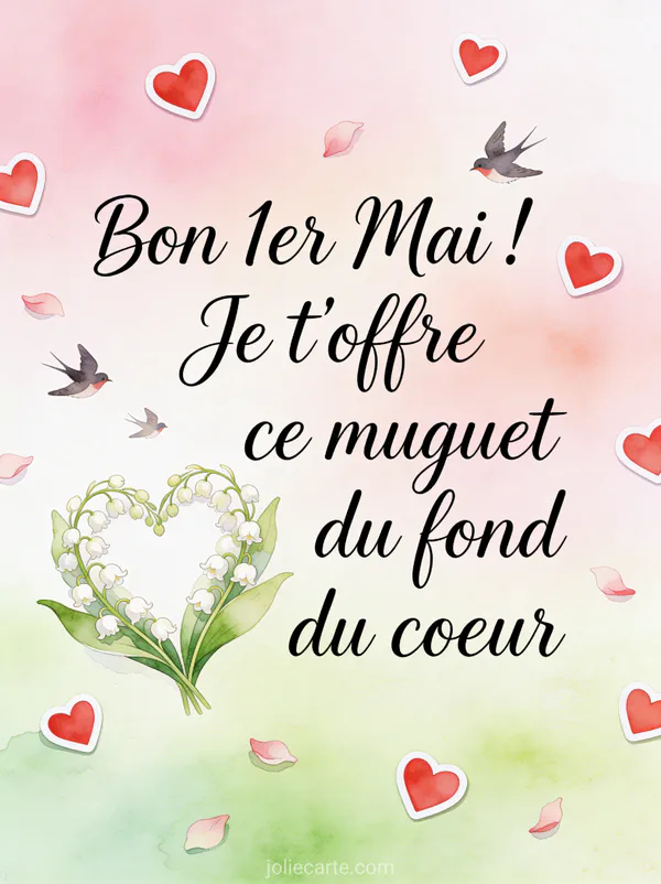 Illustration aquarelle d'un coeur formé de brins de muguet avec petits oiseaux sur fond dégradé rose pâle et vert tendre