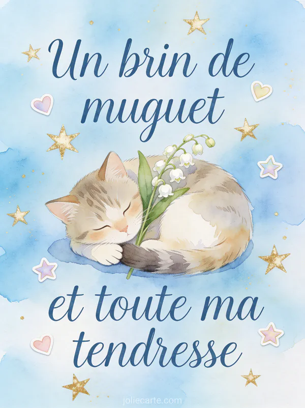 Illustration aquarelle d'un petit chat endormi enroulé autour d'un brin de muguet sur fond bleu pastel avec étoiles dorées