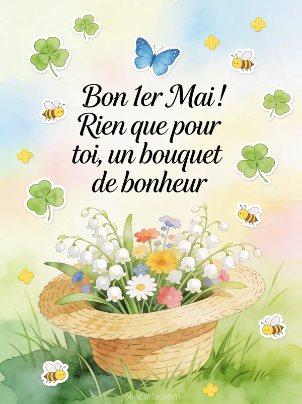 Illustration aquarelle d'un chapeau de paille rempli de muguet et de fleurs des champs posé dans l'herbe avec papillon bleu