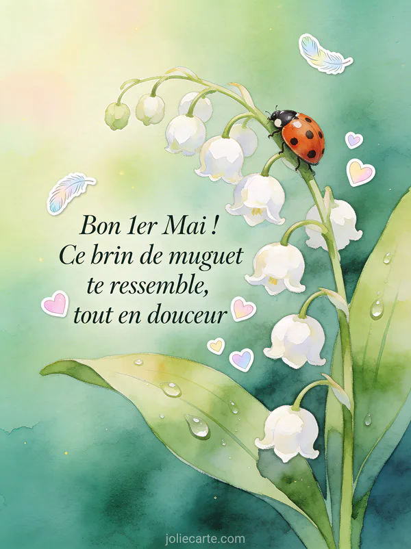 Illustration aquarelle d'un brin de muguet géant avec une coccinelle grimpant dessus, gouttes de rosée sur fond vert émeraude