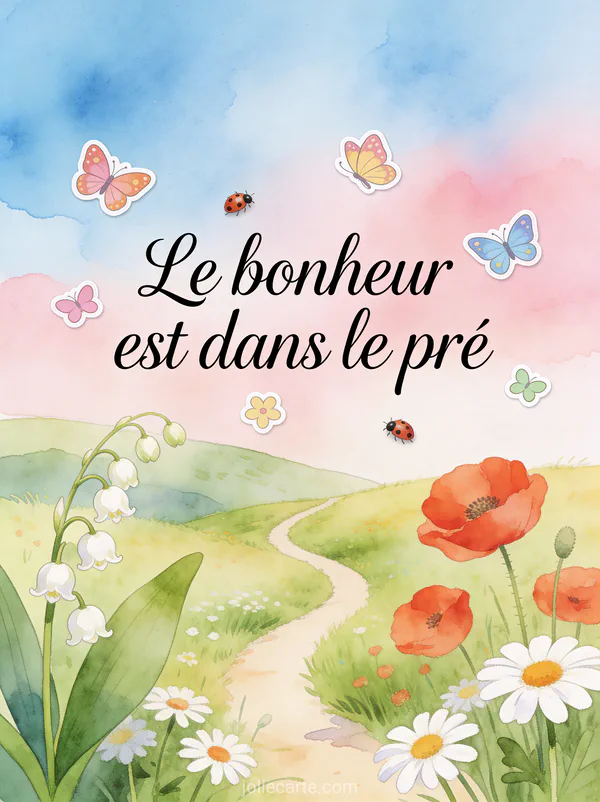 Illustration aquarelle d'un pré vallonné avec muguet, coquelicots, marguerites et chemin sinueux sous un ciel bleu et rose
