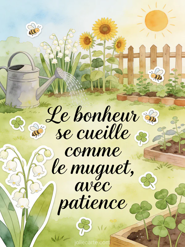 Illustration aquarelle d'un jardin potager avec arrosoir, muguet, tournesols, clôture en bois et soleil