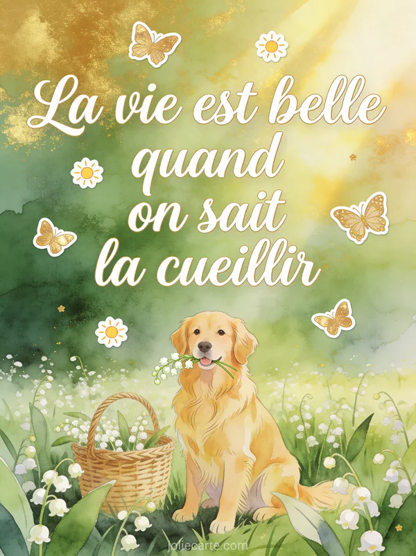 Illustration aquarelle d'un chien golden retriever assis dans un champ de muguet avec un brin dans la gueule et panier en osier
