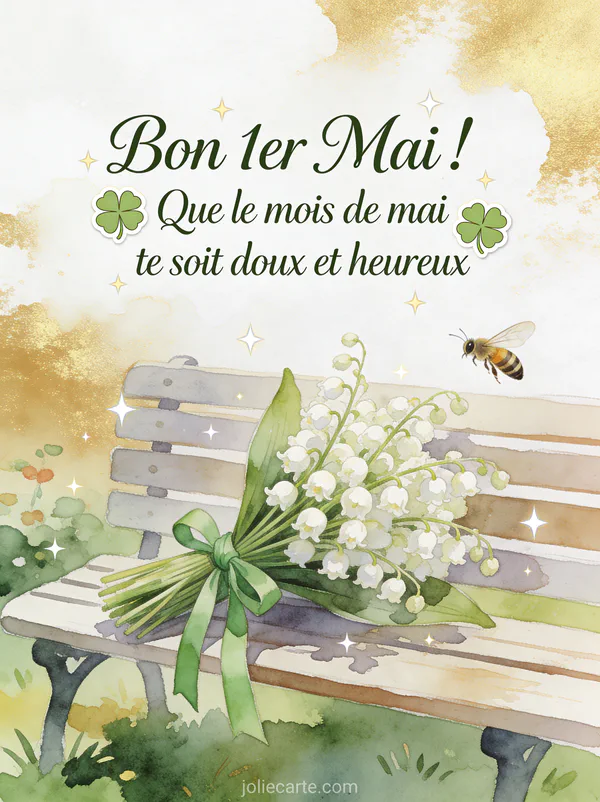 Illustration aquarelle d'un bouquet de muguet noué avec un ruban vert posé sur un banc de jardin avec abeille