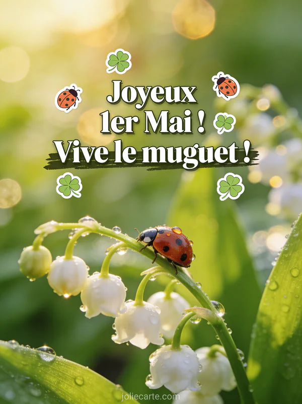 Photo réaliste de brins de muguet en gros plan avec gouttes de rosée et coccinelle dans un bokeh vert et doré