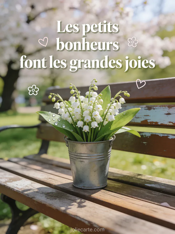 Photo réaliste d'un bouquet de muguet dans un petit seau en zinc posé sur un banc de parc avec arbres en fleurs en fond