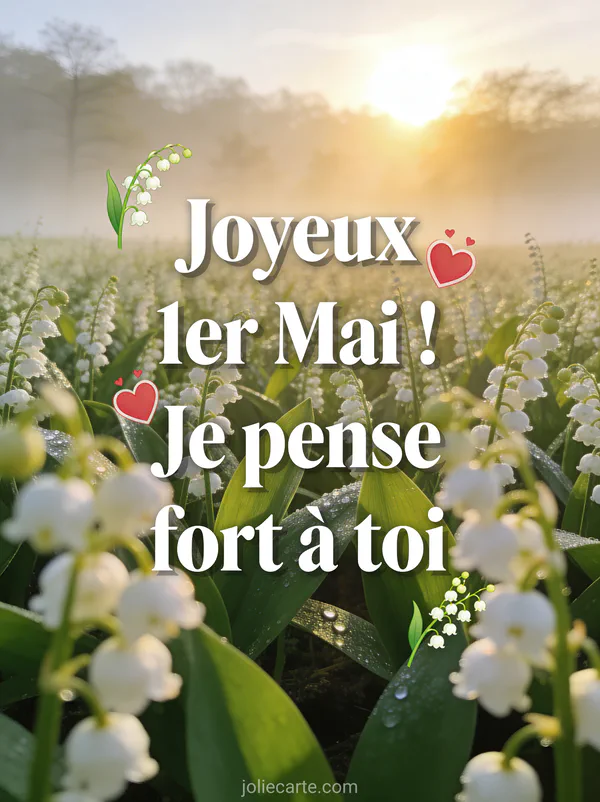 Photo réaliste d'un champ de muguet à perte de vue avec brume matinale, soleil levant et profondeur de champ