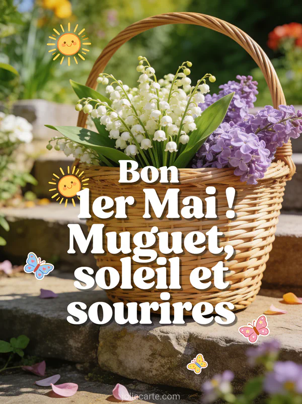 Photo réaliste d'un bouquet de muguet et lilas dans un panier en osier posé sur un escalier en pierre avec jardin en fond