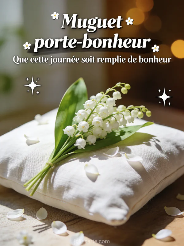 Photo réaliste d'un brin de muguet posé sur un coussin en lin blanc avec lumière naturelle latérale et pétales éparpillés