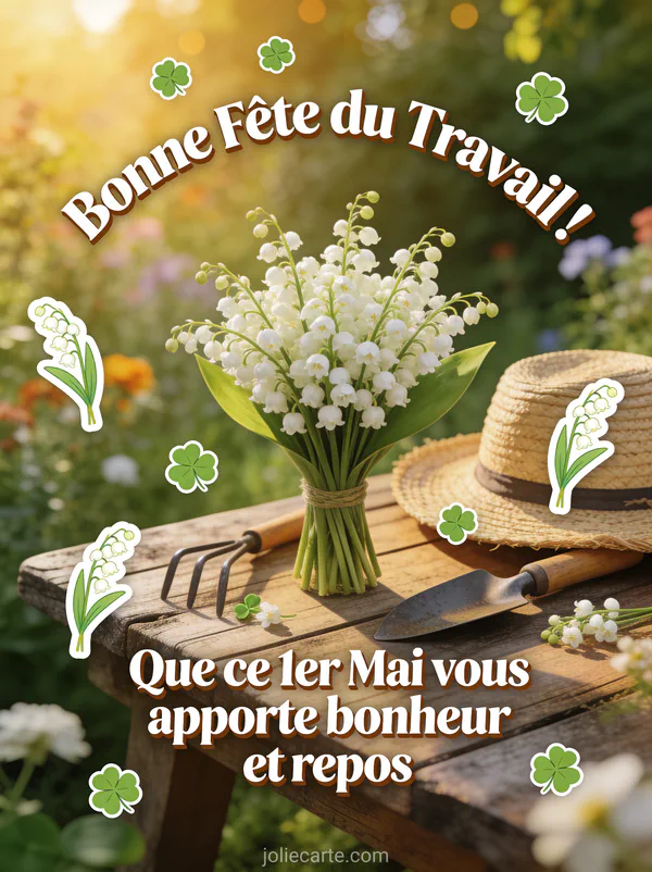 Bouquet de muguet posé sur une table en bois rustique à côté d'un chapeau de paille et d'outils de jardin avec le texte Bonne Fête du Travail