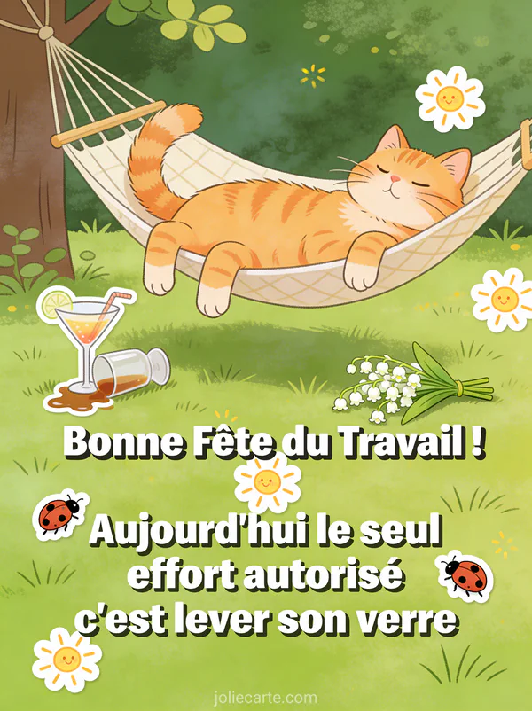 Illustration cartoon d'un chat roux allongé dans un hamac de jardin avec un cocktail renversé et un brin de muguet par terre