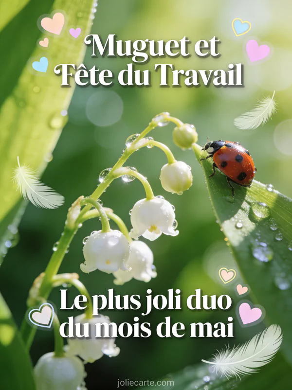 Gros plan sur des brins de muguet avec gouttes de rosée et une coccinelle sur une feuille en lumière du matin